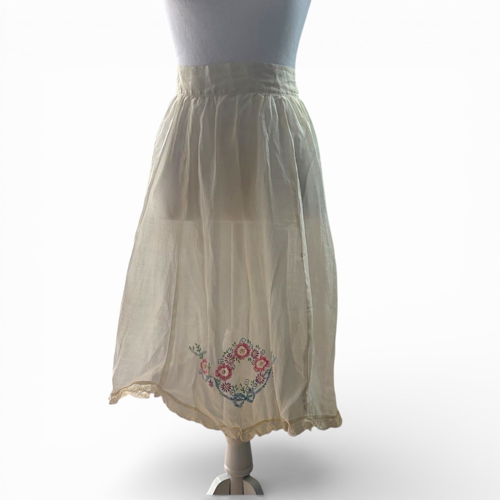 Vintage Organdy Hostess Half‎ Apron Sheer Embroidered Floral Lace Cottagecore